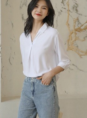 日式简约2025春季气质通勤白色衬衫女V领七分袖休闲百搭雪纺衬衣
