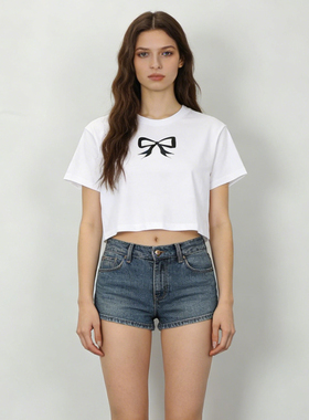 纯棉~夏季舒适休闲T恤衫蝴蝶结印花圆领短袖黑白色韩版宽松上衣女