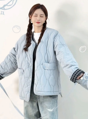 沈梦辰同款正反两穿棉服围巾手套复古格纹冬季保暖洋气外套上衣女