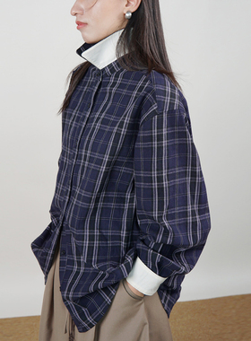 春秋新款复古深蓝色纯棉上衣长袖外穿内搭百搭宽松高品质格子衬衫