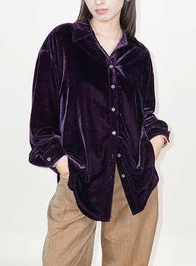 春秋新款暗紫色丝绒长袖衬衫高级感显白外穿内搭中长款休闲衬衣女