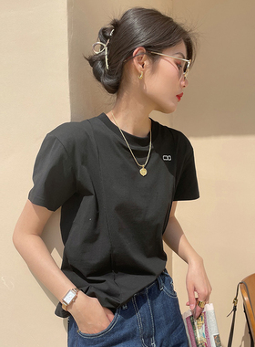 春夏新款小众刺绣黑白色纯棉T恤衫女休闲短袖上衣ins潮简约百搭