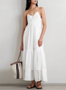 法式刺绣拼接镂空夏季白色吊带连衣裙女海边度假长裙沙滩裙仙女裙