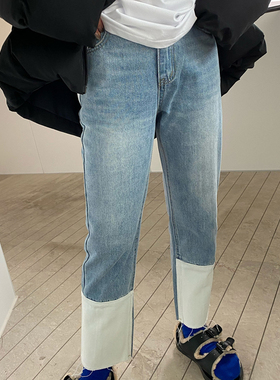 清仓！韩版ins小众设计白色拼接水洗牛仔裤女做旧高腰修身九分裤
