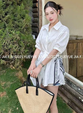 YUEYUE6950夏季新款女衬衣polo领丝巾绑带设计长款气质短袖女衬衣