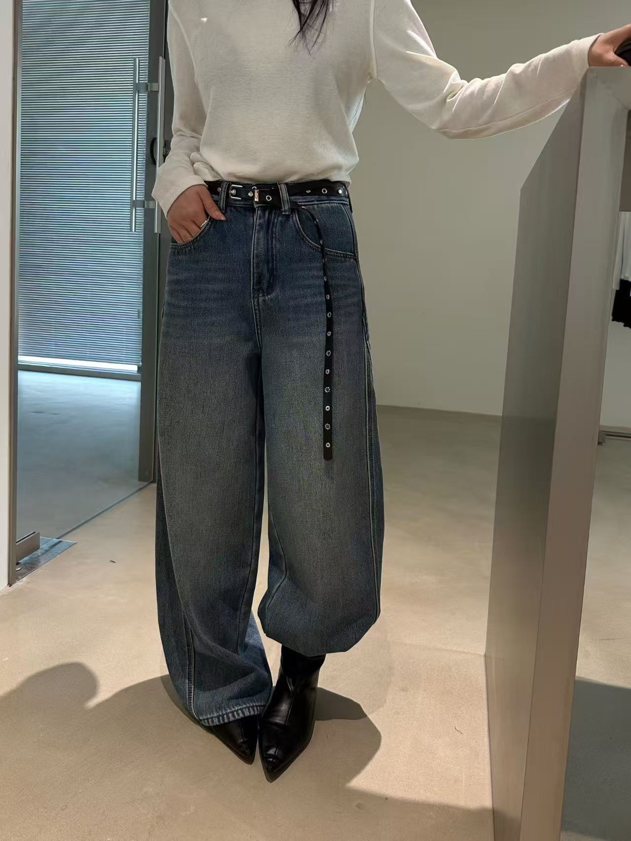 高腰阔腿裤加绒保暖长款直筒裤