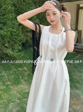 YUEYUE6933夏季新款连衣服法式小众无袖收腰显瘦绑带长款女裙子