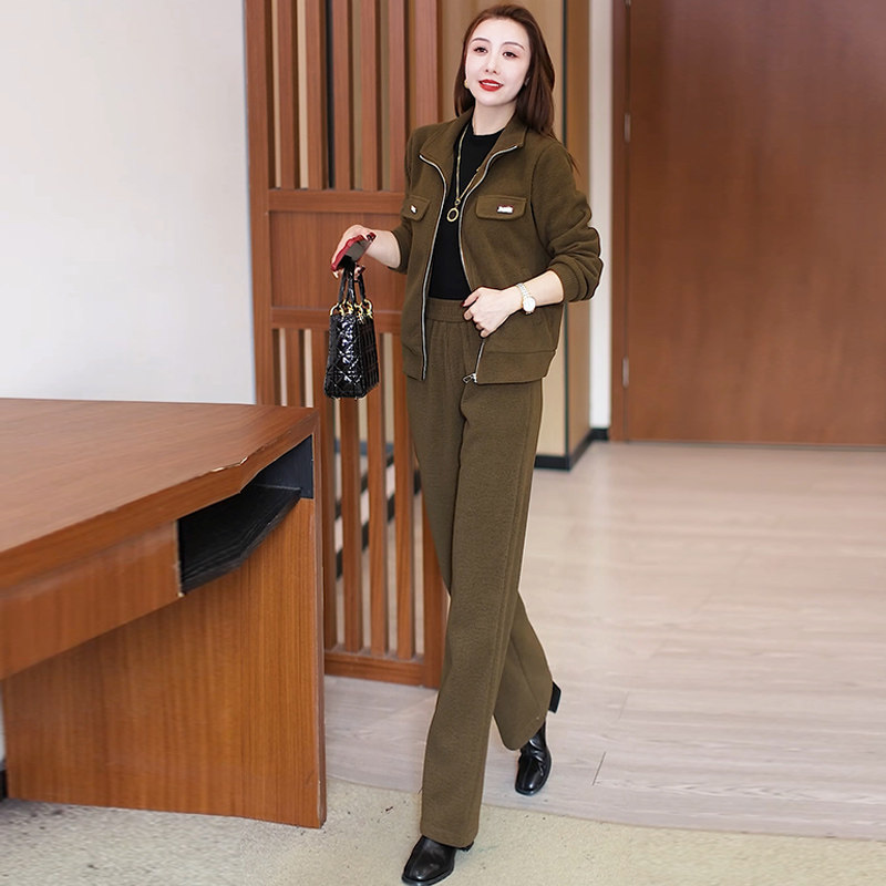 秋冬加绒加厚女开衫阔腿裤套装