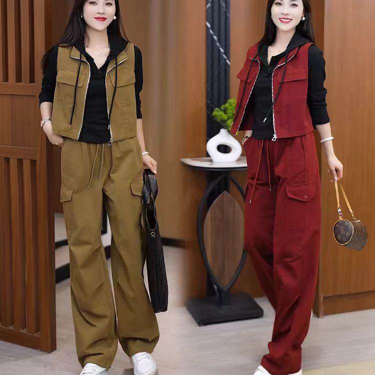休闲套装女春秋马甲长袖连帽卫衣工装阔腿裤洋气显瘦减龄三件套潮,女装/女士精品,时尚套装,淘宝优惠券,粉丝福利购,淘宝优惠卷