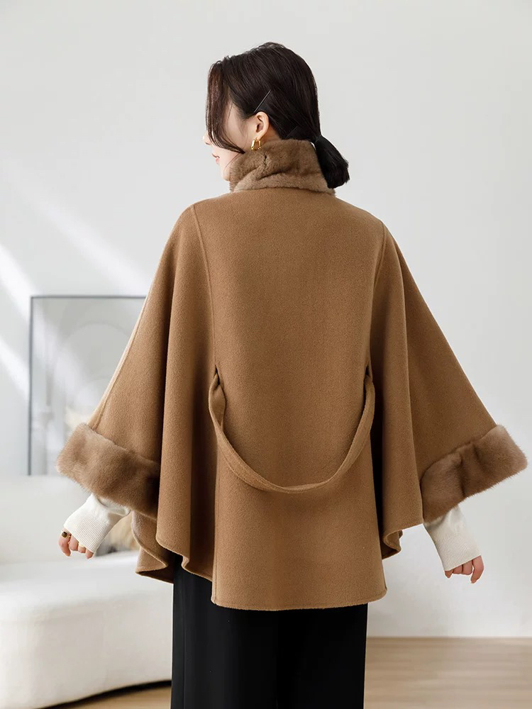韩版斗篷双面羊绒大衣羊毛外套女斗篷披风水貂毛小个子宽松显瘦