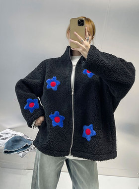 BBLY欧洲站小众RUITIXI南油加厚保暖上衣立体小花羊羔毛拉链外套