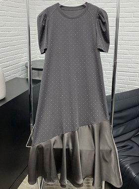 BBLY欧洲站小众法式南油气质拼接长裙烫钻黑色不规则鱼尾连衣裙潮