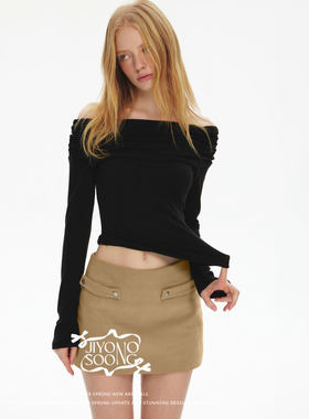 0MB.欧洲站新品JIYOOSOONG一字肩褶皱百搭上衣收腰斜肩长袖T恤女