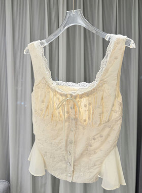 BBLY欧洲站小众法式宫廷风纯欲钩花背心小衫修身显瘦系带无袖上衣