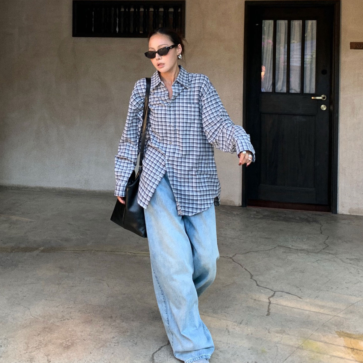 BBLY欧洲站小众MSKIN6南油高端宽松慵懒风长袖上衣蓝色格子衬衣女