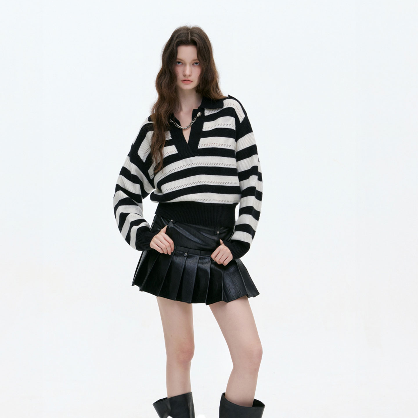 BBLY欧洲站小众JIYOOSOONG撞色条纹PoIo领金属链饰上衣宽松针织衫