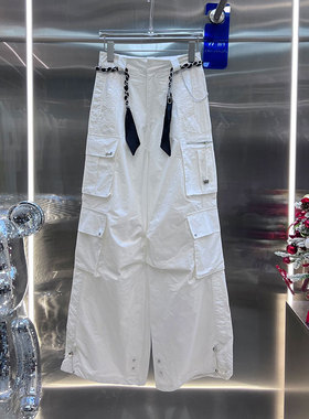 BBLY欧洲站小众南油高端腰链白色洋气长裤褶褶皱设计工装风阔腿裤