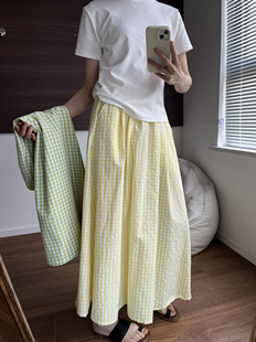少女清新盐系蓝色格子半身裙学院风a字长裙宽松高腰春夏气质百搭