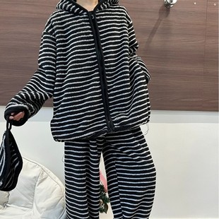 【实拍】黑条纹抽绳宽松拉链睡衣套装秋冬季加毛绒加厚保暖家居服
