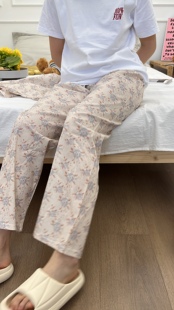 100%棉布碎花居家休闲裤遛弯裤松紧腰睡裤