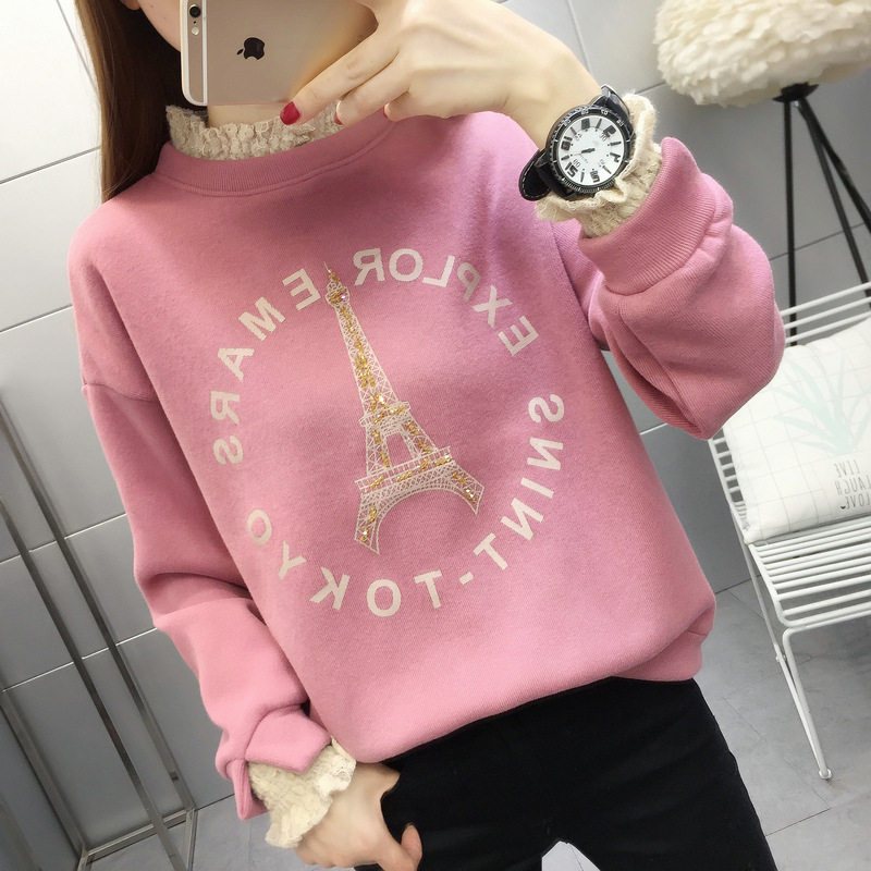欧洲站2026冬装新款女蕾丝花边串珠显瘦加厚加绒打底衫卫衣上衣