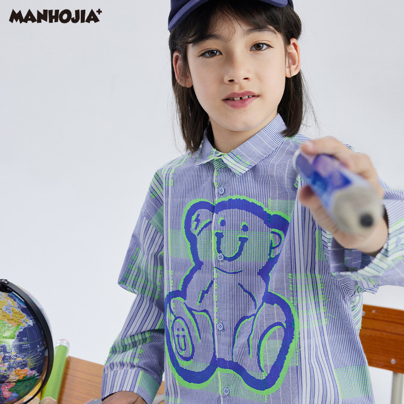 漫画家潮童装秋季儿童条纹卡通印花长袖衬衫休闲洋气外套上衣男童
