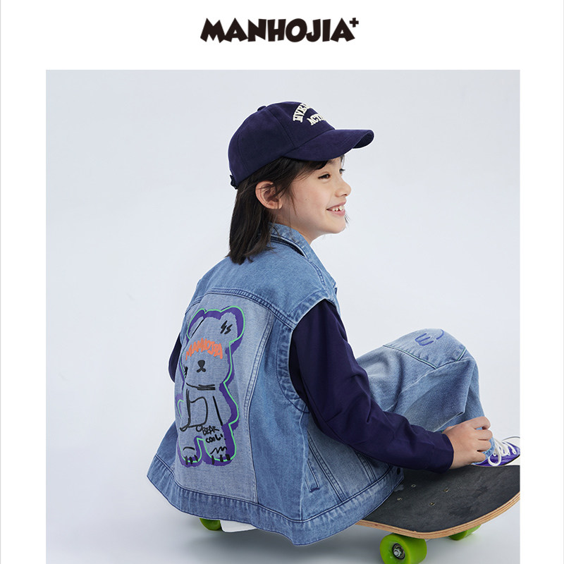 漫画家潮童装中大童秋季牛仔拼接撞色外套趣味印花假两件休闲上衣