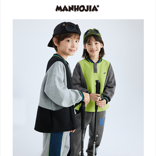 漫画家潮童装中大童山系拼色工装圆领卫衣儿童学院保暖上衣冬季