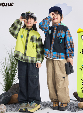 漫画家【工装格子熊】儿童外套早秋户外三防拼接格子衬衫外套