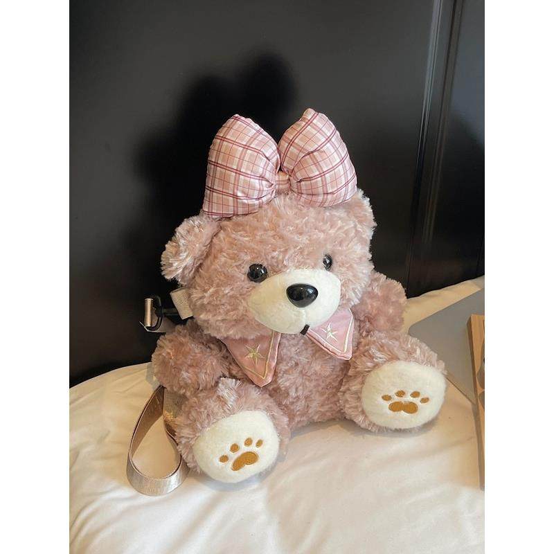 新款卡通小熊可爱毛绒趴趴饼干熊双肩包甜美女生礼物单肩斜跨小包