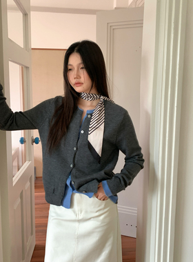 MOTOO自制慵懒针织撞色假两件开衫女 圆领单排扣毛衣外套