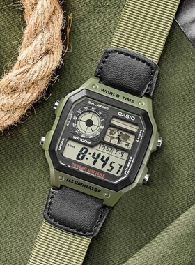 卡西欧(CASIO)手表帆布钢带防水夜光复古小方块同款AE-1200WHB-3B