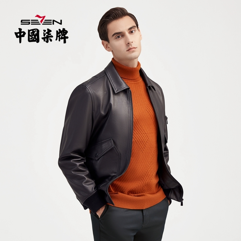 柒牌男外套休闲真皮翻领男装皮衣