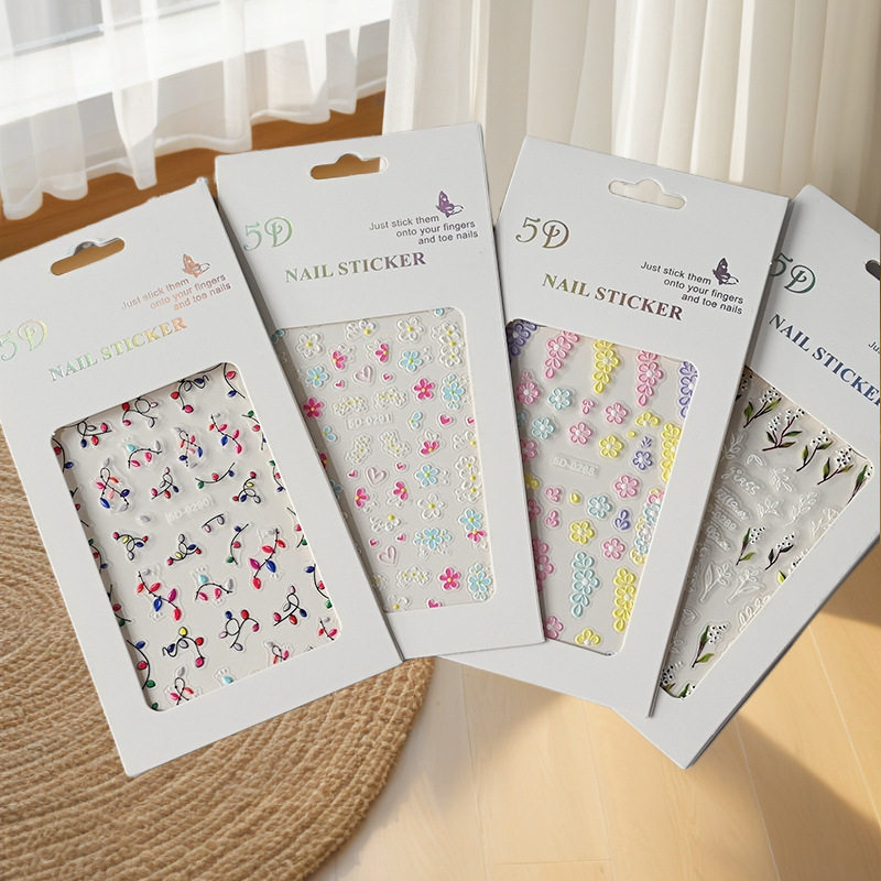 浮雕美甲贴花5D立体花朵蝴蝶指甲贴不干胶防水持久美甲贴纸