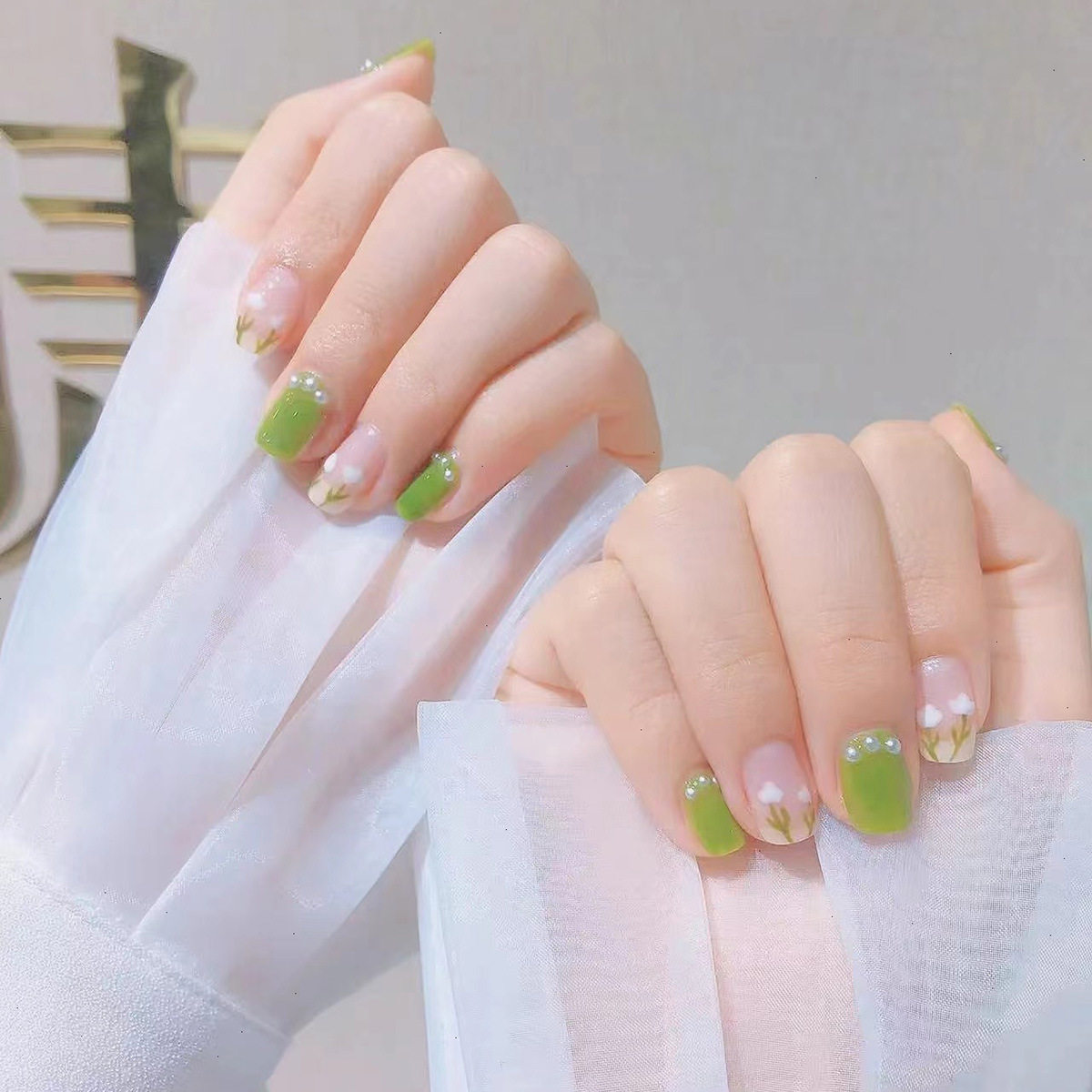 /手指甲贴片清新珍珠花朵ins风穿戴甲甲片成品nails显白美甲