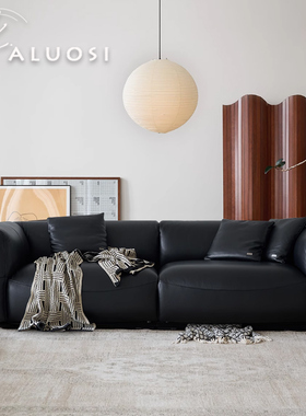 法式复古黑色真皮羽绒大白沙发现代简约直排中古风三人头层牛皮