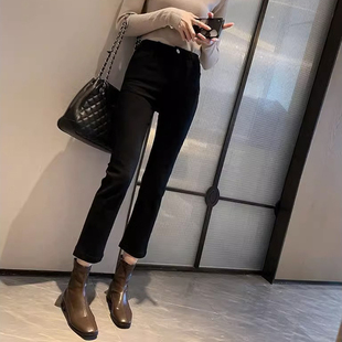 2025年秋冬加绒黑色烟管直筒牛仔裤女小个子八九分宽松高腰显瘦