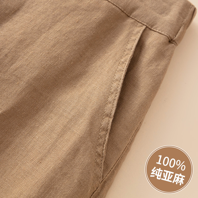 高端纯亚麻阔腿裤女2025年薄款垂感休闲高腰驼色100%麻料直筒裤子