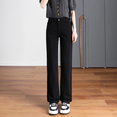 黑色窄版阔腿直筒牛仔裤女2025秋冬加绒九分梨形高腰显瘦宽松长裤
