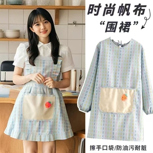 洋氣帆布長袖 圍腰 圍裙家用廚房耐磨工作服防污做飯罩衣女2024新款