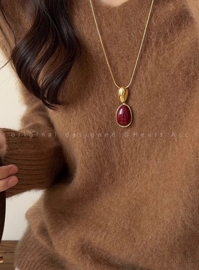 红色水滴吊坠蛇骨项链女