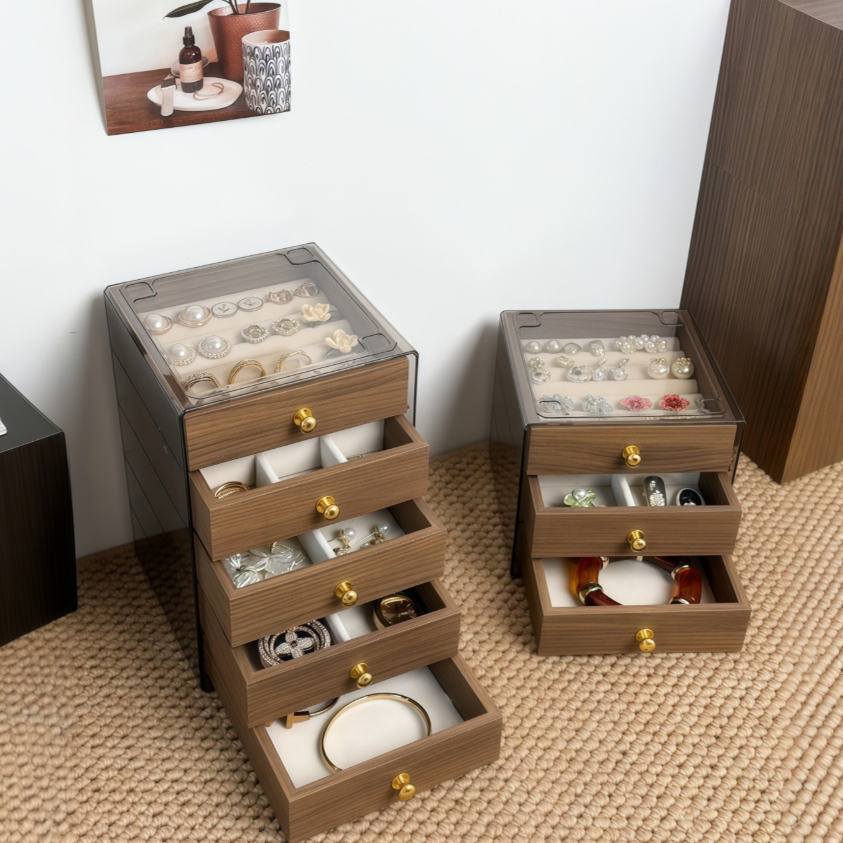 高档精致饰品收纳盒多层胡桃木纹