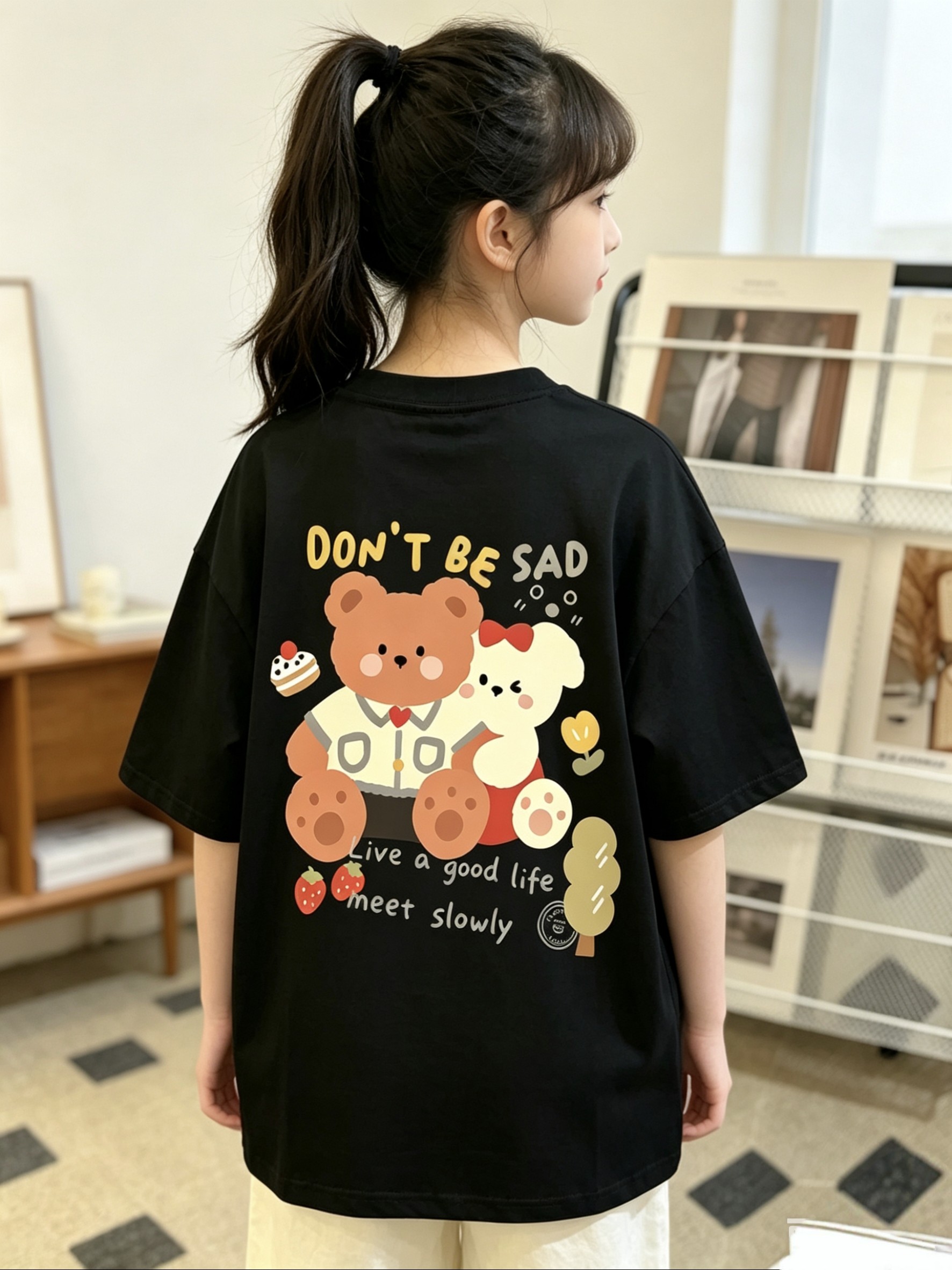 儿童卡通小熊印花短袖T恤男女童夏季纯棉宽松圆领中大童百搭上衣