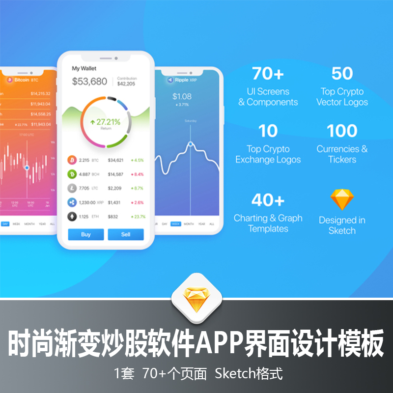 国外时尚渐变金融数据股票炒股软件APP UI界面设计模板Sketch素材