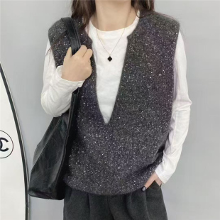 亮片 2025新款鸡心领套头螺纹针织衫外套女装V领马甲背心毛衣女