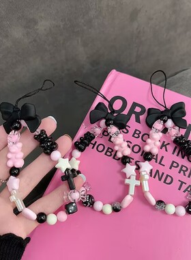 少女心粉混搭黑色蝴蝶结小熊手机挂链ccd相机挂饰挂链防丢手绳