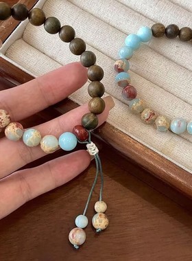 寿山石绿檀木拼接手串女中国风禅意木质手链男复古民族风盘玩手饰