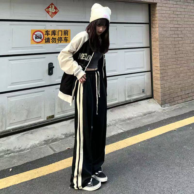 美式裤子女新款春秋薄款阔腿双杠时尚套装