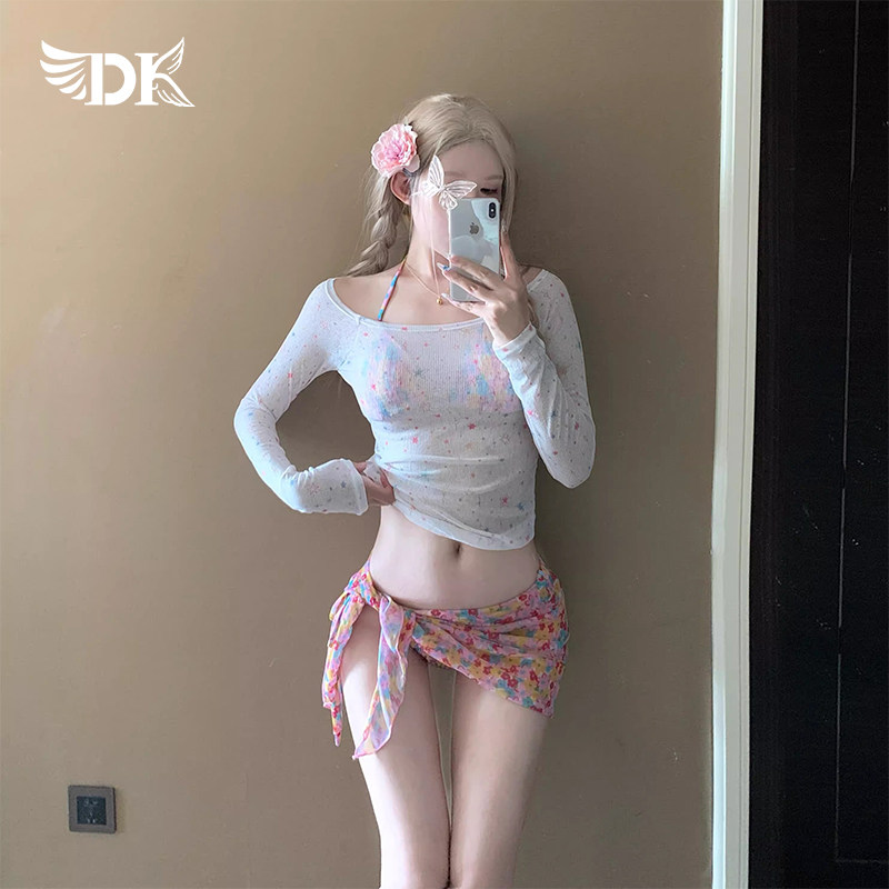 DK泳衣女2025新款碎花比基尼游泳衣长袖防晒罩衫海边沙滩度假泳装