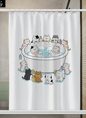卡通猫咪浴帘白色防水卫生间窗帘防霉洗澡布帘子套装免打孔可磁吸